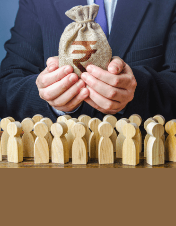 Hands holding a rupee sack above wooden figures